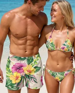 Matching Tropical Couple Swimwear, Hibiscus Floral Bikini and Men’s Swim Trunks, Hawaiian Beach Outfit, Honeymoon Matching Sets, Summer Gift Matching Couple Swimwear Set