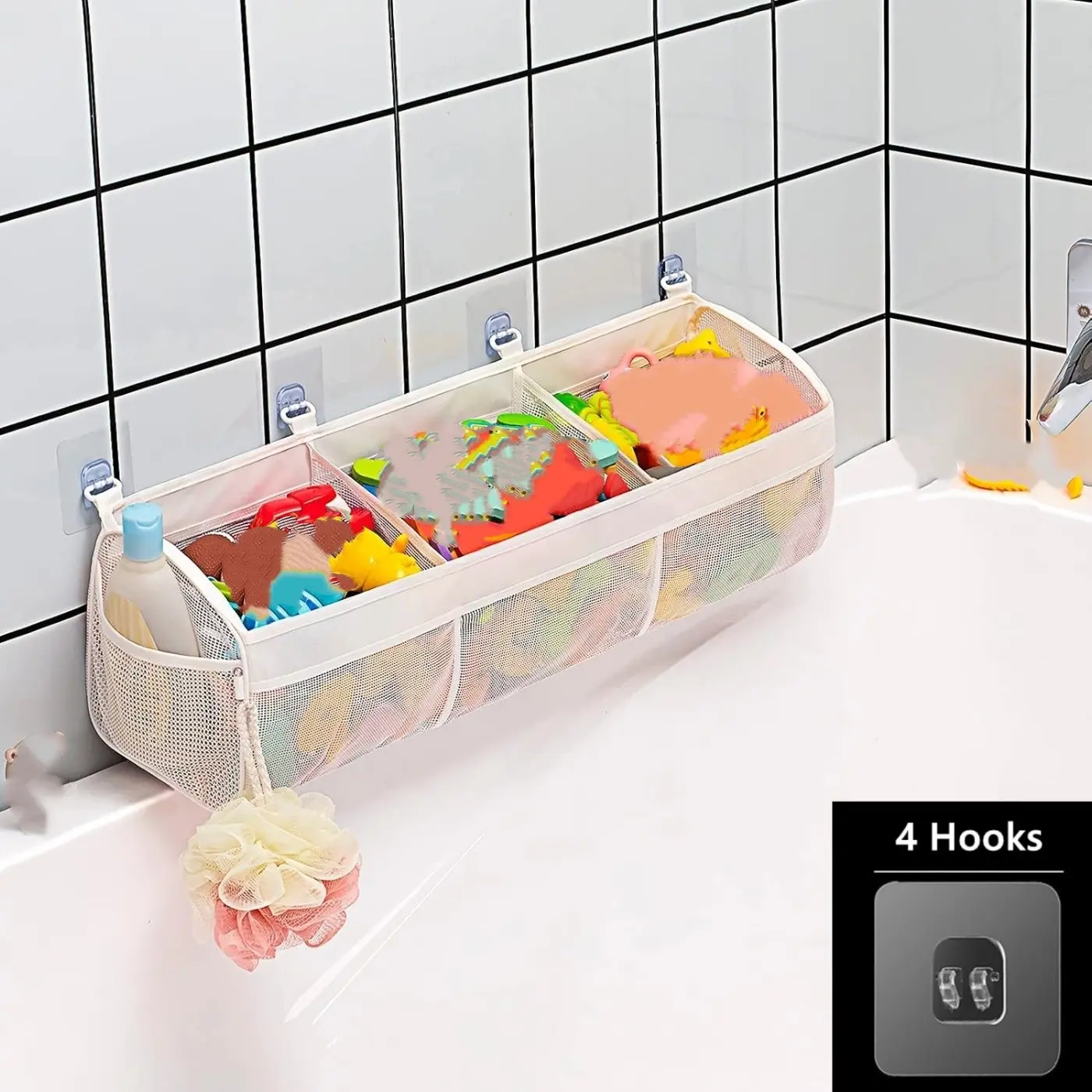3 Compartment Horizontal Bath Toy Storage,4.95 Gallons Bathtub Toy Storage Organizer,Bath Toy Holder For Bathtub,Bath Toy Organizer For Tub,Mesh Shower Caddy with 4 Sticky Hooks,Bathroom Organizer,Bathroom Baskets,Organizing Baskets,Divided Storage