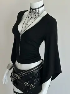 Women's Y2K Gothic Long Sleeve V-Neck Slim Fit Party Tee, Spring Summer Casual Streetwear, Fashion Plain Top for All Seasons