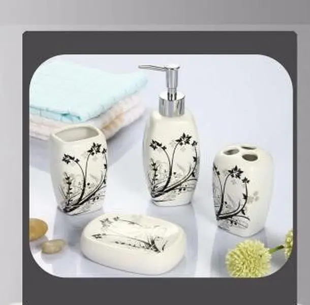 Watson 4-Piece Porcelain Bathroom Accessory Set - Black and Cream Floral Pattern, Includes Black Dispenser, Toothbrush Holder, Modern Design, Perfect Addition to Bathrooms