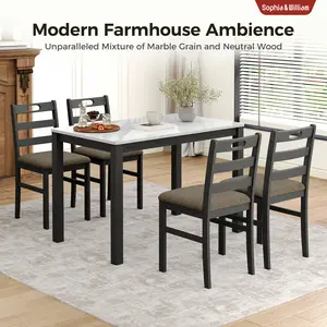 【Sophia & William】5 Piece Dining Table Set for 4, Faux Marble or Solid Rubberwood Tabletop, Cushioned Option Available, Kitchen Dining Table for Small Spaces, Apartment, Easy Clean, Durable, Farmhouse Style