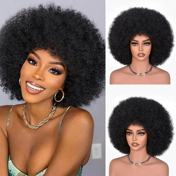 70s Afro Wig Glueless Wear and Go Afro Wigs for Black Women Short Fluffy Bouncy Kinky Curly Wig with Bangs for Disco Costume Cosplay Daily Party Use