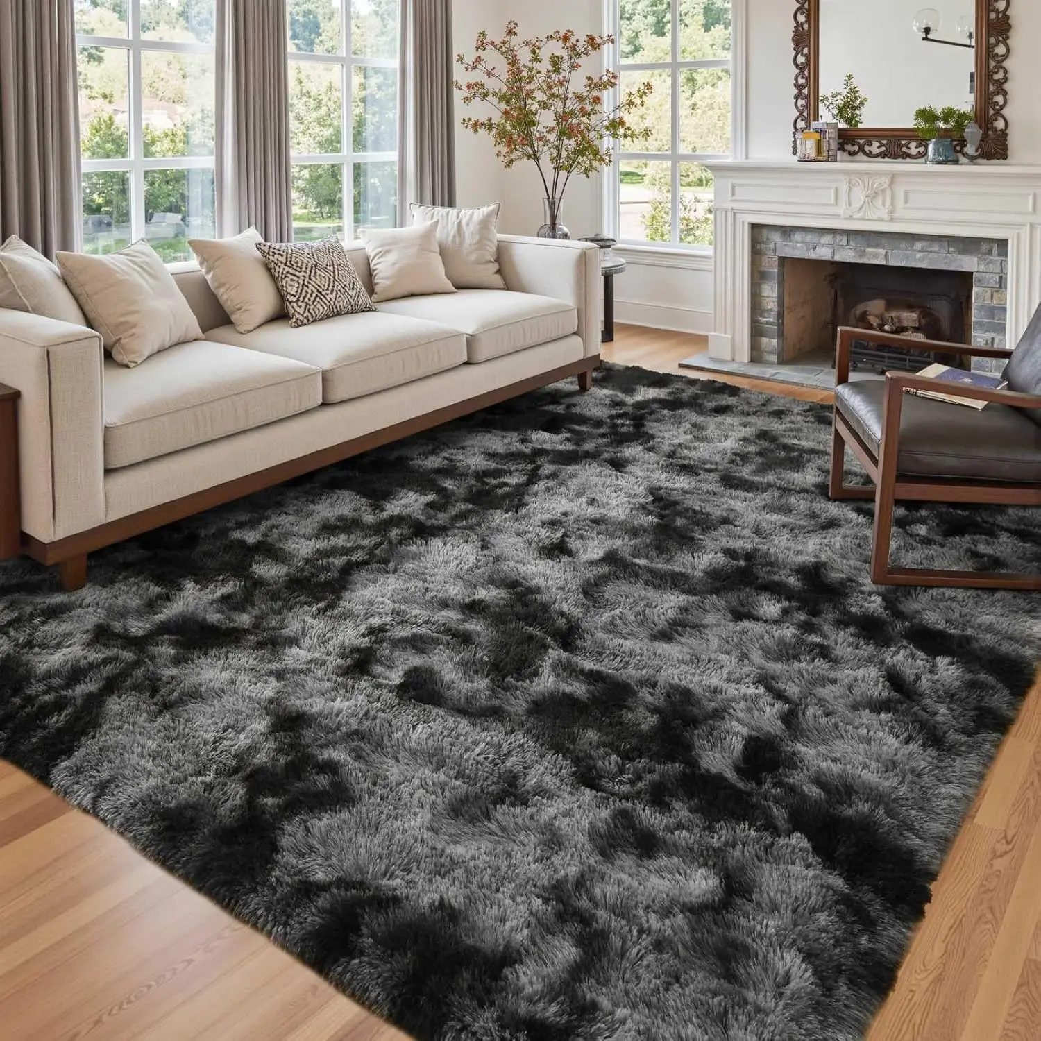 【Back to School】PLUMLIK Tie-dye Black Grey Fluffy Area Rugs for Bedroom, Ultra Soft Large Carpets for Bedroom, Modern Thick silky style Rug for Summer Decor Aesthetic, Upgrade Non-Slip backing, Father's Day Gift Ideas, Dry Clean Only