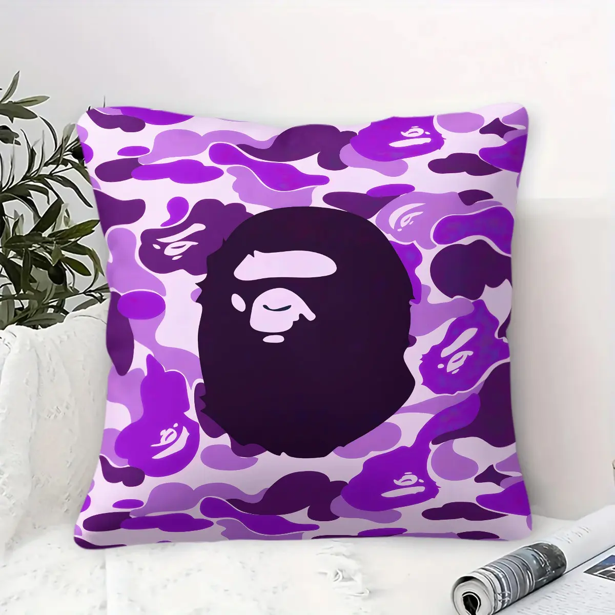 Purple Camo Ape Head Throw Pillow, Hypebeast Streetwear Multipurpose Cushion Accent Pillow, Cushions For Sofa, Includes Pillow Core, Perfect for Sofa Couch Bedroom Living Room Dorm Decor, Great Gift for Teen Boys Street Fashion Lovers