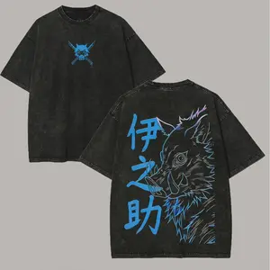 Men's Demon Slayer Hashibira Inosuke Printed Vintage Funny Round Neck Distressed Short-Sleeve T-Shirt - Menswear Casual Everyday Fit Streetwear Top