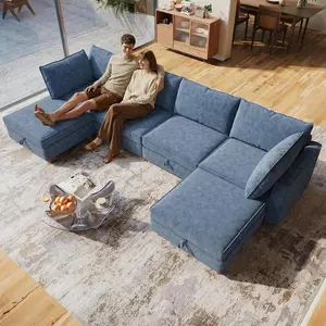 Modern Modular Sectional Sofa - 4-8 Seats, Built-in Hidden Storage, Sturdy Wood Base, Deep Seats, Washable Cloud Design, Easy Setup, Spacious Indoor Living Room Furniture, Dark Blue