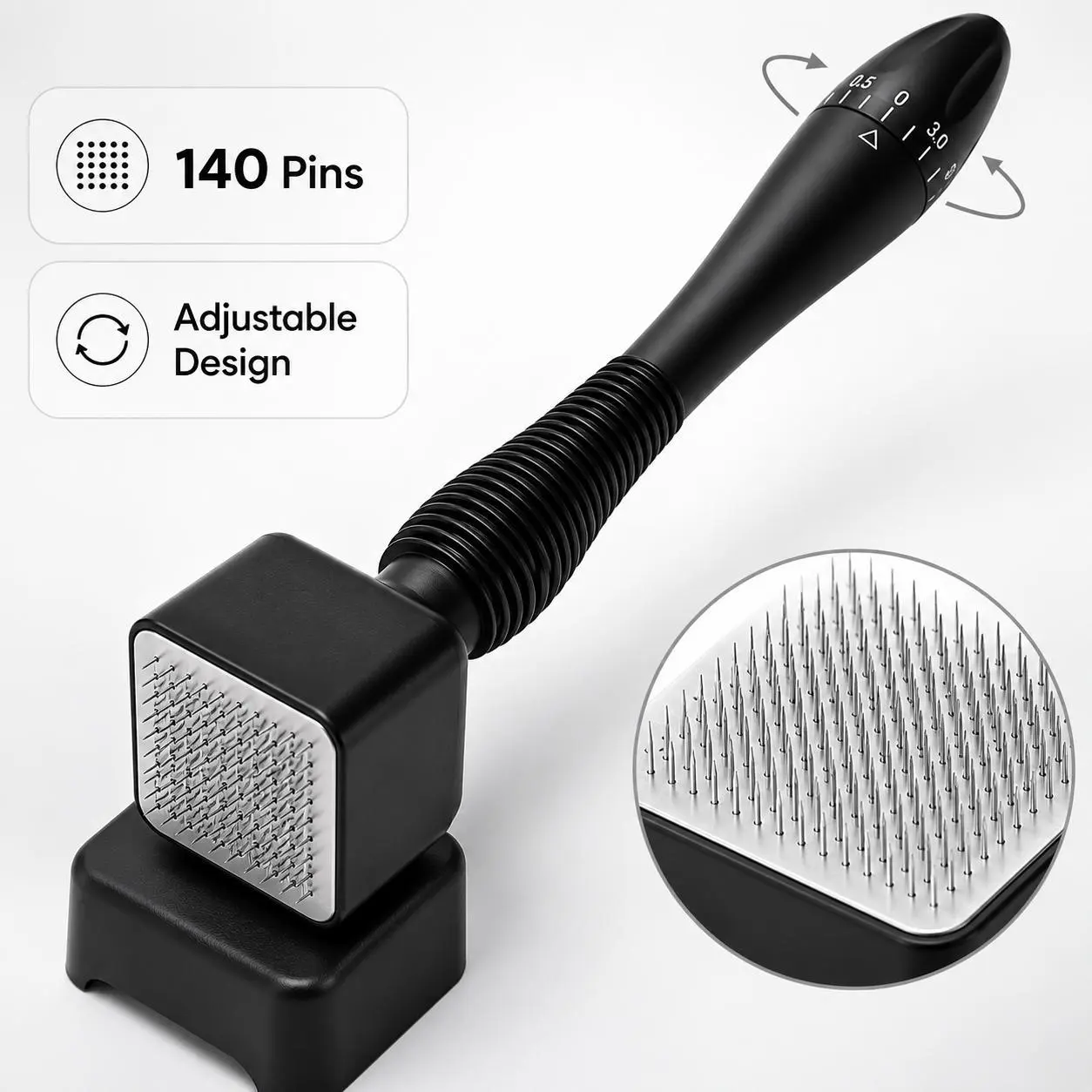 Adjustable Microneedle Derma Stamp (0-3.0mm) - Black Cosmetic Skincare Tool with Ergonomic Easy-Grip Handle, Stainless Steel Needles, Portable Precision for Face, Scalp Exfoliation & At-Home All Facial Slimming & Massage Tools Solid Bar Routines