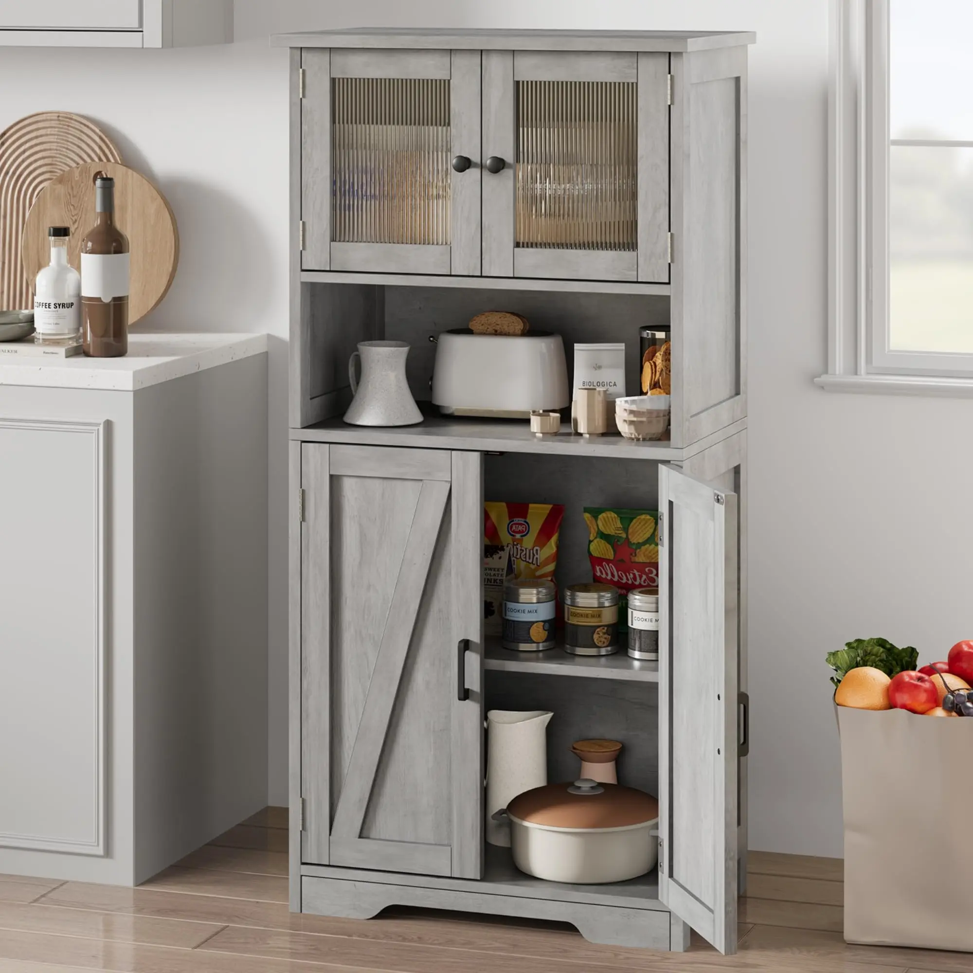 50.4 in Tall Bathroom Cabinet, Farmhouse Bathroom Linen Cabinet with Glass Doors and Adjustable Shelves, Freestanding Kitchen Pantry Cabinets for Living Room, Dining Room, Gray