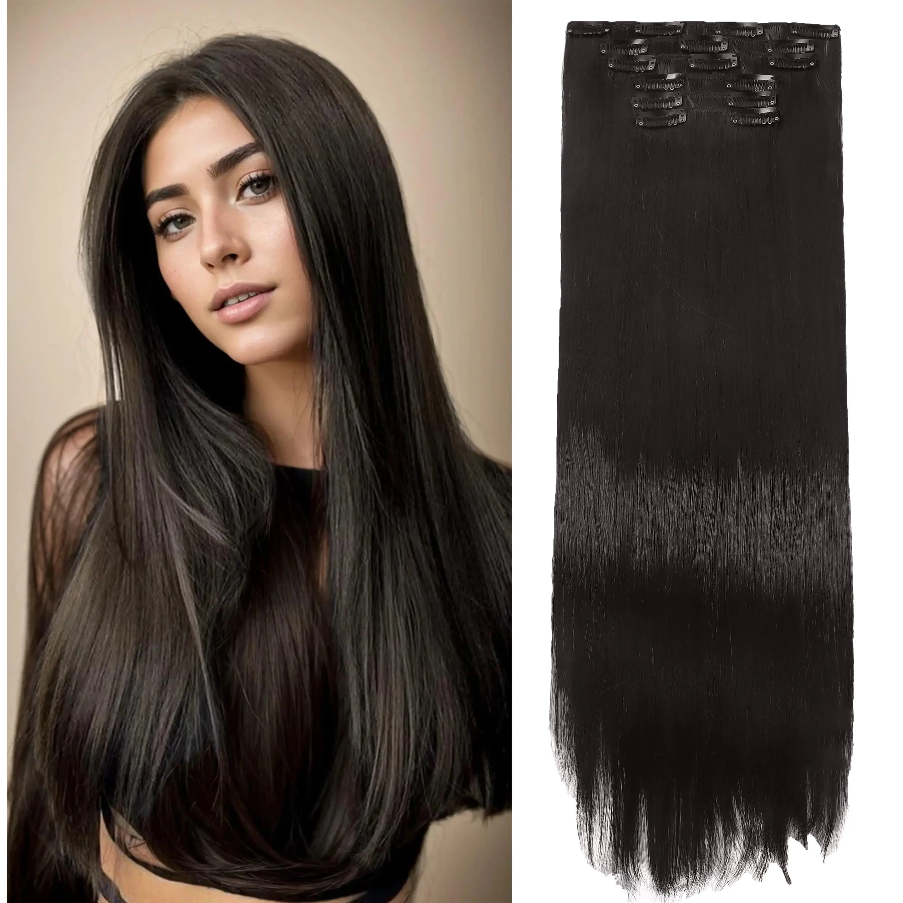 6PCS Clip in Hair Extensions Black Brown Extension Straight 24inch Long Synthetic Set Natural Fluffy Thick Blonde Clips on Hairpieces for Women Invisible Clip-in Straight Hair Busy Lifestyle Fashionable