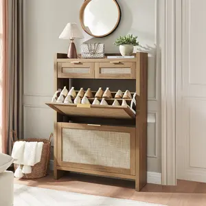 PieDle Furniture Boho-Chic Rattan Shoe Storage with Drawers for Home Entries
