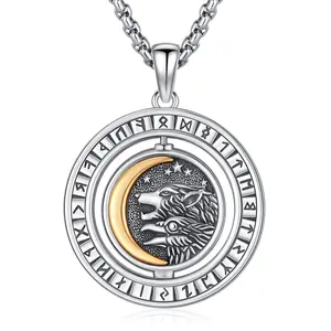 DRINSPER Viking Jewelry 925 Sterling Silver Viking Compass Wolf Fenrir with Runes Norse Mythology Jewelry Necklace for Pagan