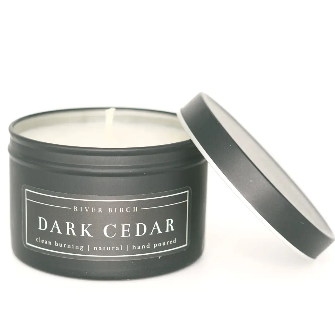 River Birch Dark Cedar 8oz Matte Black Tin Soy Candle with Eucalyptus Scent for Decor and Ornaments