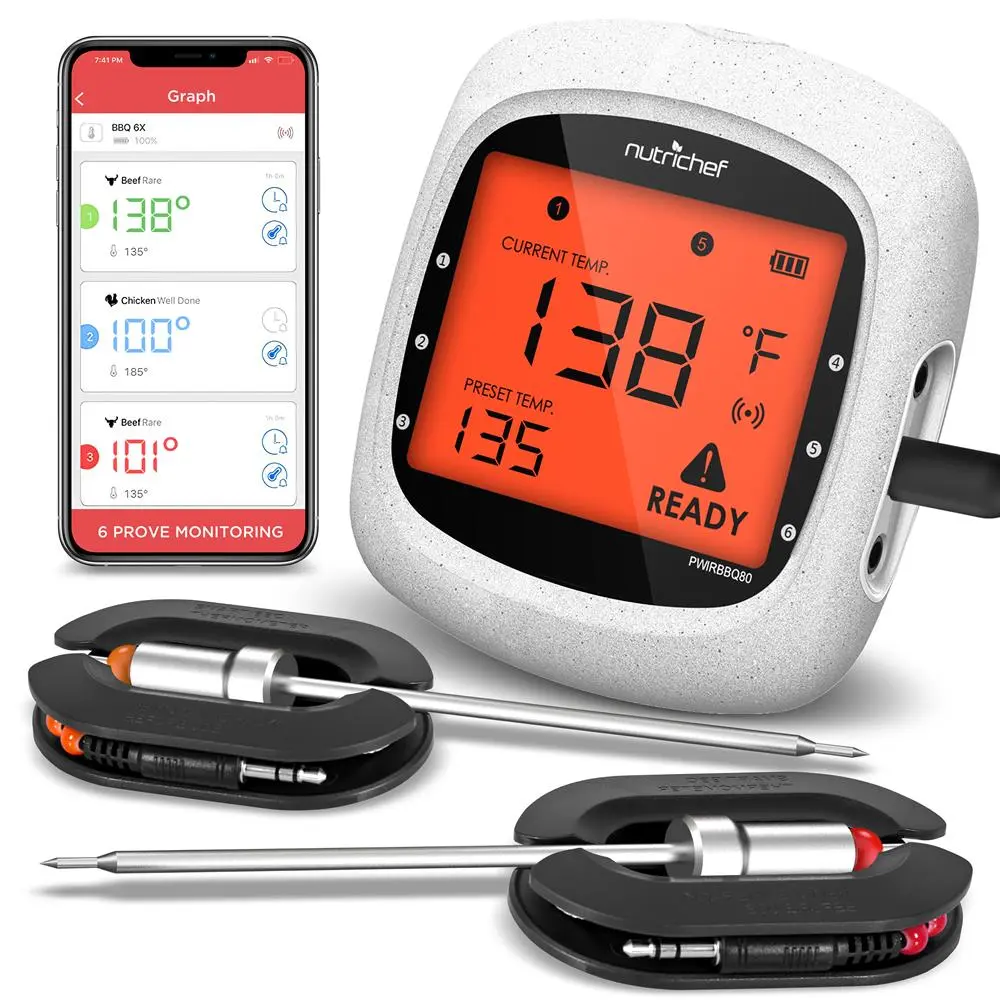 Wireless Bluetooth Meat Thermometer Kitchen Utensil - 6 Probes (Includes 2 Temperature Probes), 400 Ft Range, LCD Display, Stainless Steel, Batteries Included, High Temp for Backyard BBQ & Tabletop Smoking, 100+ Ft Indoor Use