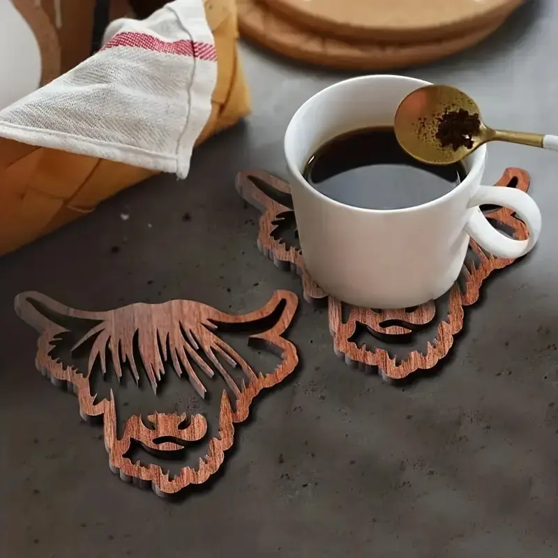 Highland Cow Wooden Coaster, Washable Heat Resistant Coffee Table Mat, Non-Slip Desk Pad, Room Decor, 1 Piece Cup Holder, Home Decoration, Decorative, Wood Coasters, Coasters For Drinks