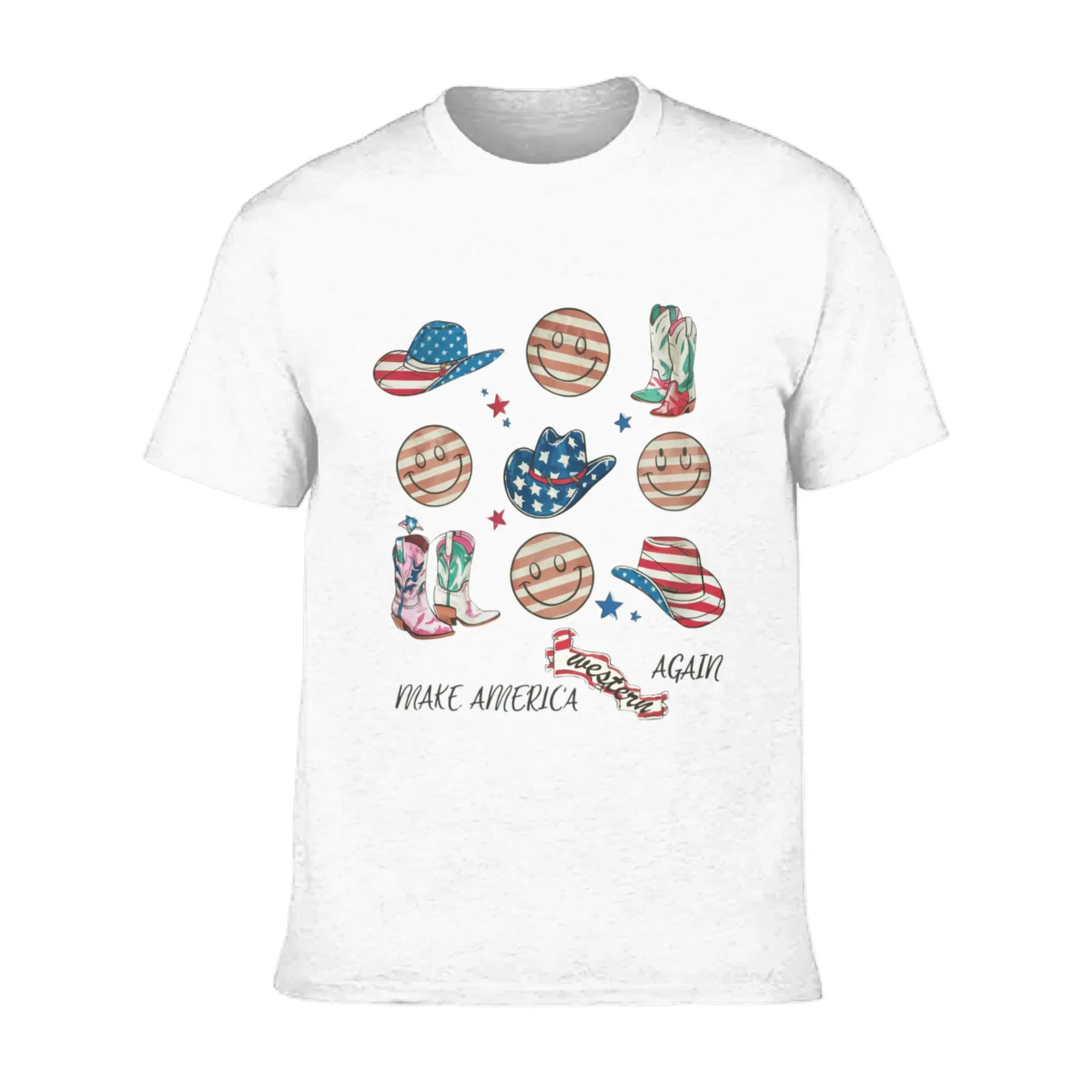 Retro Western Cowboy American Flag T Shirt Make America Western Again Smile Face Cowboy Hat Boots Graphic Tee 4th Of July Patriotic Country Western Outfit For Women Men