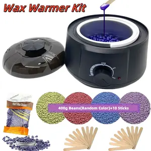 Professional Electric Hair Removal Hot Wax Warmer Waxing Heater + 400g Hard Wax Beans + 10pcs Sticks Kit, White / Black Wax Machine Large Pot Paraffin Facial Skin Body SPA Salon Equipment Adjustable Temperature Beads Warmer Set