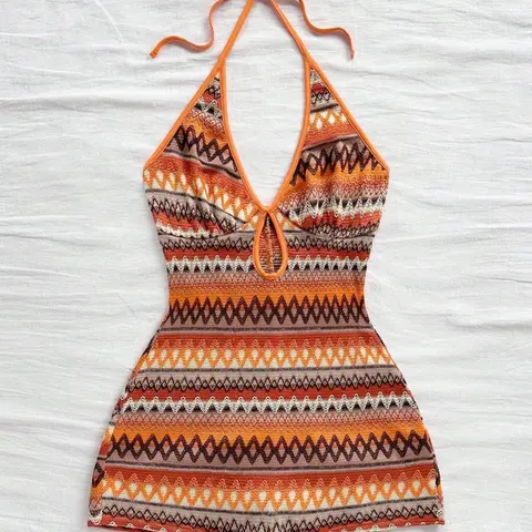 Women's Halter One-Piece Backless Slim Wave Romper Party Beachwear for Music Festival, Women's Fashion Clothing