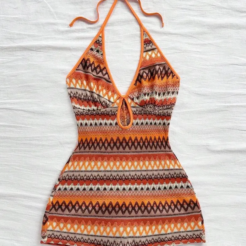 Women's Halter One-Piece Backless Slim Wave Romper Party Beachwear for Music Festival, Women's Fashion Clothing