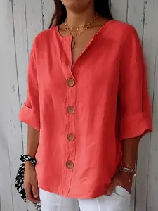 Women's Pure Color Cotton Linen V-Neck Shirt, Medium Sleeve Loose Fit Top, Basic Casual Fashion Blouse for Daily Wear