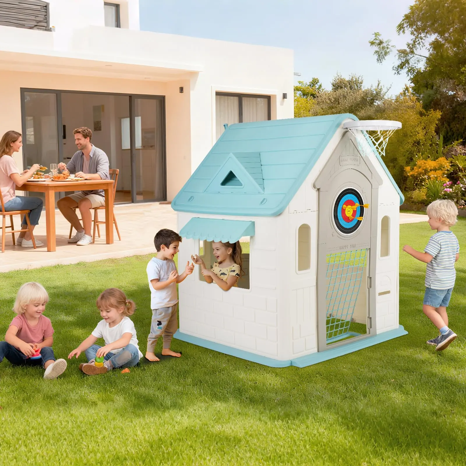 GARVEE Kids Outdoor Playhouse Cottage Clubhouse - Outdoor Play Equipment with Magnetic Dartboard, Basketball Hoop, Ring Toss, Soccer Goal - Children's Play Set for Garden, Backyard, Outdoor Playset, Magnetic Game
