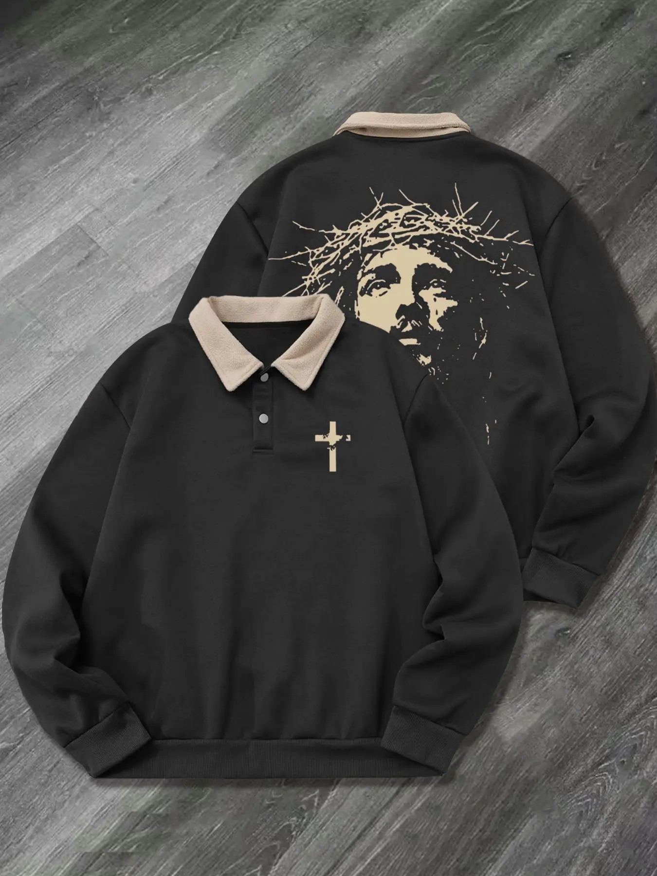 Men's Fall Winter Cross Jesus Graphic Print Half Button Polo Neck Hoodie, Casual Outdoor Fitted Long Sleeve Sweatshirt, Casual Sweatshirts
