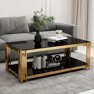 Rectangular Glass Coffee Table, 47" Center Table Living Room Table, Gold Stainless Steel Irregular Leg, Double-Layer Structure, Black Glass Desktop, Luxury, Black