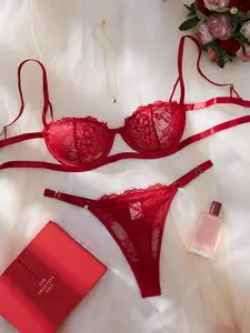 Lyne Women's 2-Piece Elegant Burgundy Floral Lace Lingerie Set - Sheer Christmas Bra, Lace-Trimmed Underwear, Womenswear Essential, Elegance