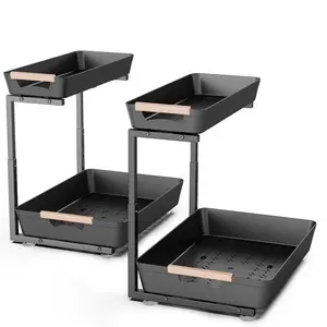 Metal Slide out Under Sink Organizers and Storage Shelves, Adjustable Pull Out Under Cabinet Organizer Shelf, Under Sink Storage for Kitchen/Bathroom