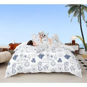 Coastal Duvet Cover Set,Seashell Conch Seahorse Starfish Coral Bedding Set,Ocean Beach Nautical Comforter Cover Adult Room Decor,Navy White Quilt Cover