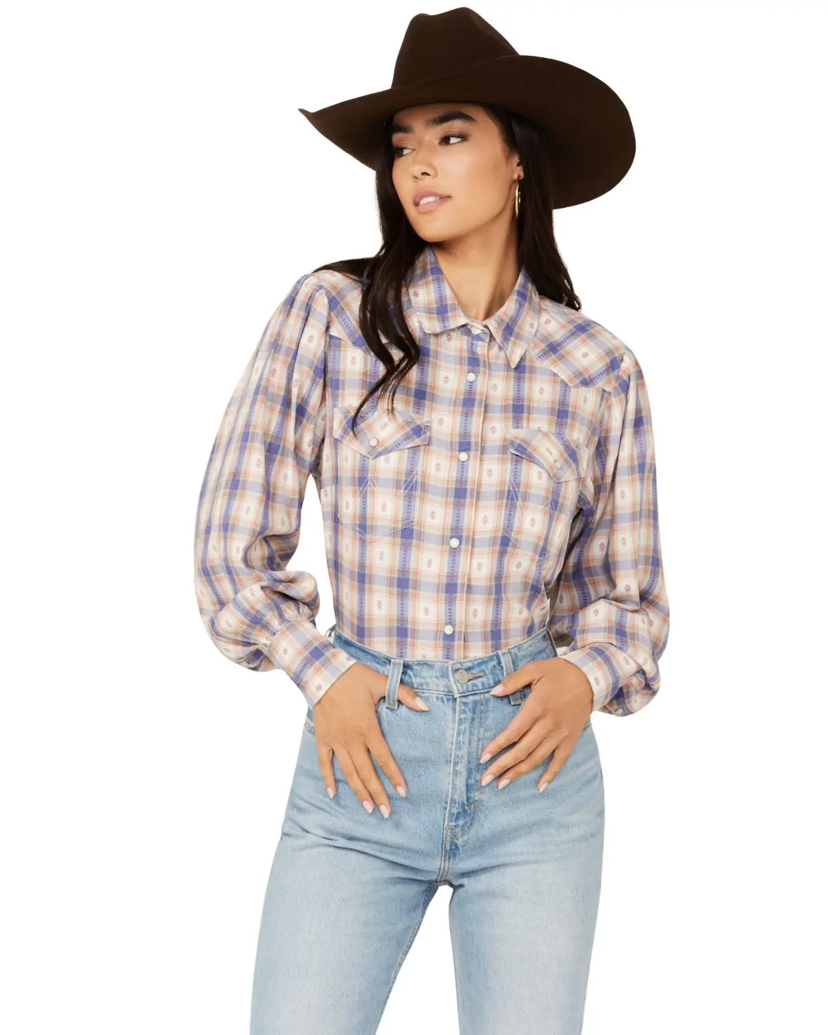 Wrangler Women's Women'S Balloon Sleeve Plaid Print Snap Western Shirt - 112343489