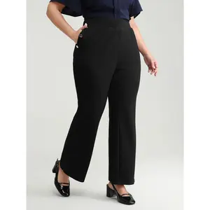 BLOOMCHIC Women's Plus Size Stretchy Spandex Fabric Bootcut Pants - Button-Detail, Pocket-Equipped Bottom Garment, M-6X Sizes, 2026 Summer Turn-Up Pick Fit Womenswear 2026 Summer Vibes Swimweek