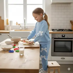 2pcs girls' solid-color set autumn and spring bow longsleeved hoodie and wide-leg trousers cute and casualgirl baby round-neck pullover top and trousers suitablefor outdoor activities,sizes 4-7 blue