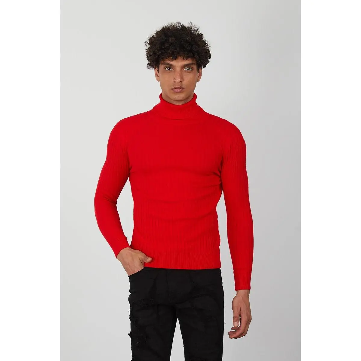 Bold Red Men's Ribbed Turtleneck Sweater – Slim Fit Knit Pullover by One in a Million