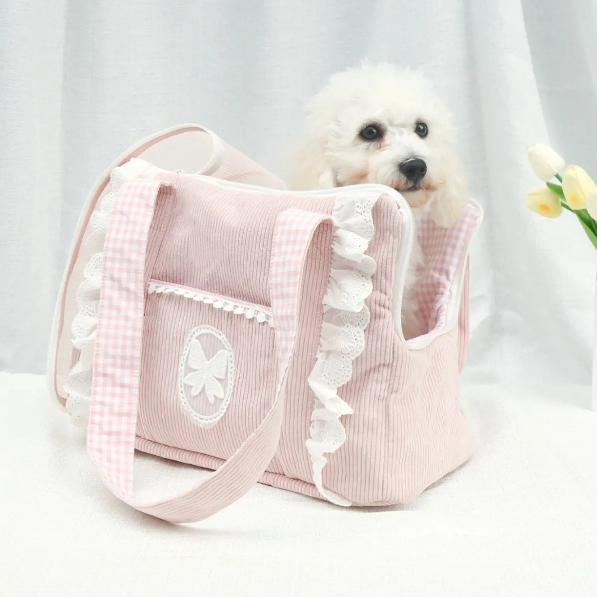Floral Lace Pet Carrier Bag, Puppy Carrier Purse for Small Dogs and Cats, Comfortable Ribbed Fabric with Decorative Strips, Zip Closure, Breathable and Stress-Resistant