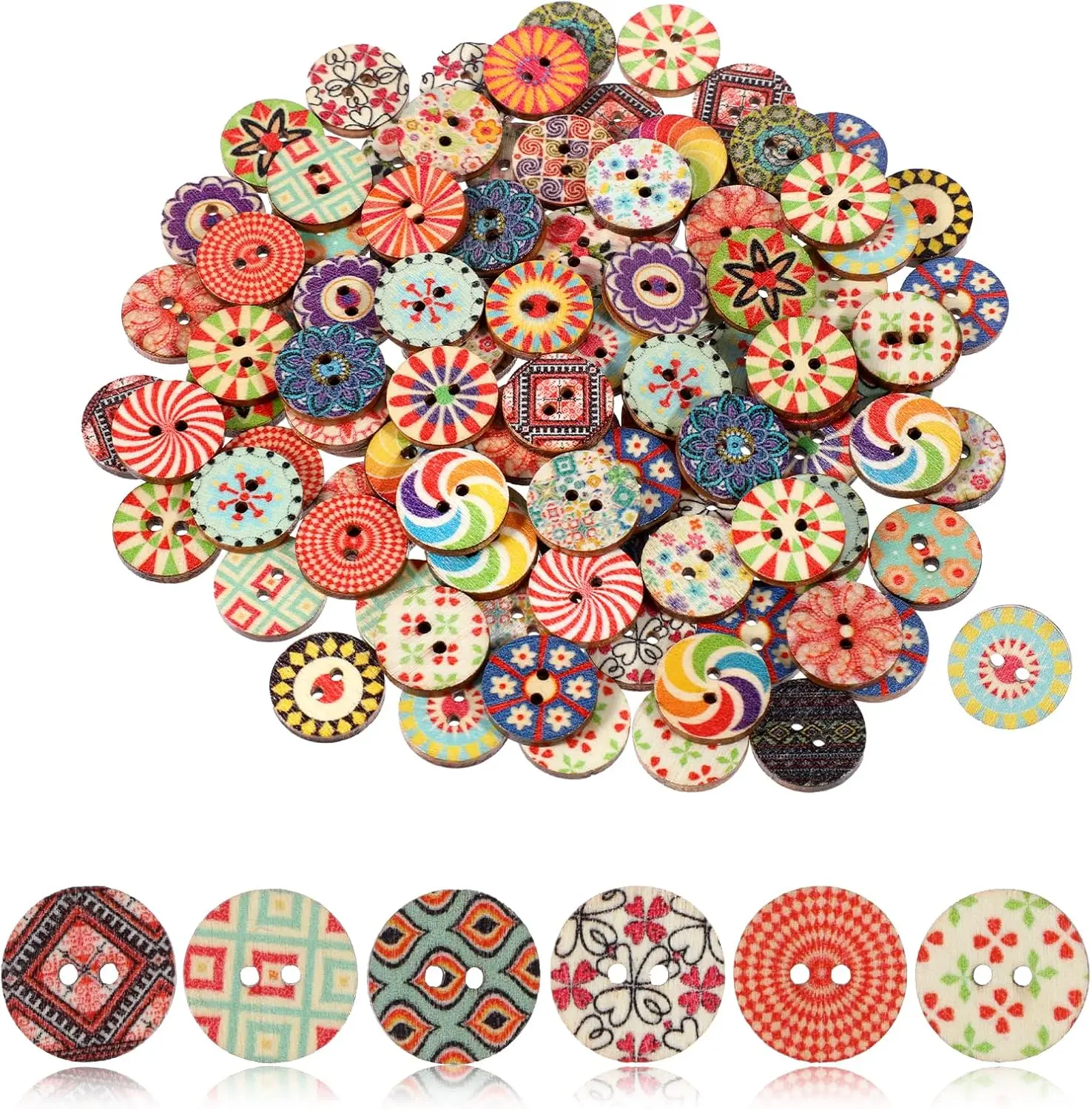 100 count Multicolor  Wooden Buttons, Round, 1.5cm (0.59 inch), Assorted Floral Patterns, Ideal for Sewing, Knitting, Crocheting & Scrapbooking