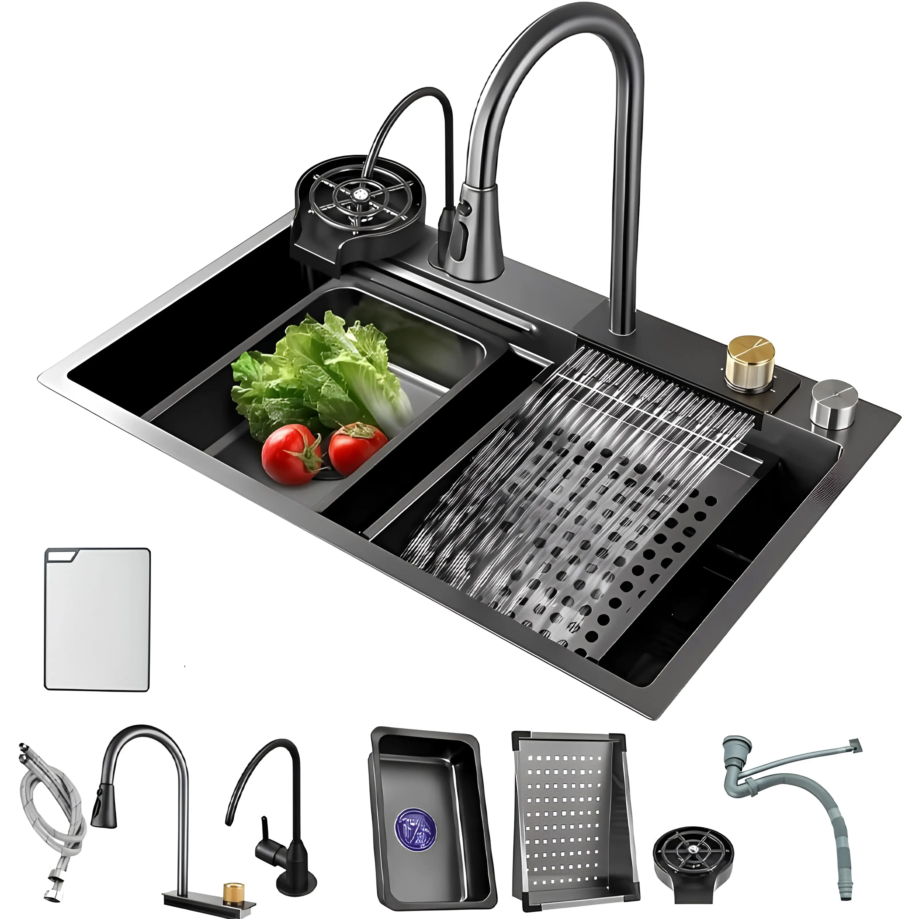 Modern Dark Grey Stainless Steel Countertop Single Bowl Kitchen Bar Workstation Sink (29.5*17.7 in) - Knob-Control Hot & Cold Pull-Out Faucet, Cup Washer, Drainage Basket, ABS Chopping Board, Ceramic Dining Table Compatibility, Kitchen Bar Sink