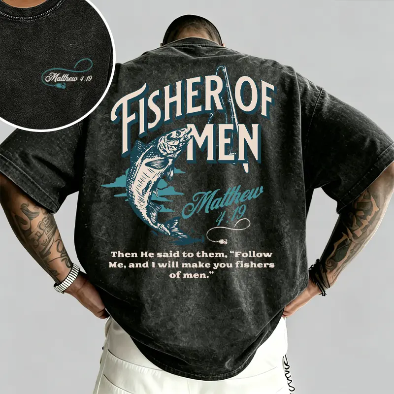 Distressed Retro‑Vibe Unisex Graphic T‑shirt, Cool Matthew 4:19 Embroidery Front Fisher Of Men Fish Graphic Back‑Print Crew Neck Tee, Soft Relax‑Fit Casual Top, Suitable For Road Trip, Match with Retro Waist Belt & Bucket Hat