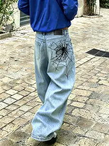 Spider Web Embroidered Denim Western Jeans, Streetwear Retro Rock Style, Loose Fit Mid Waist, Zipper Fly, Men's Fashion Casual Gift, No Back Pocket, Embroidery