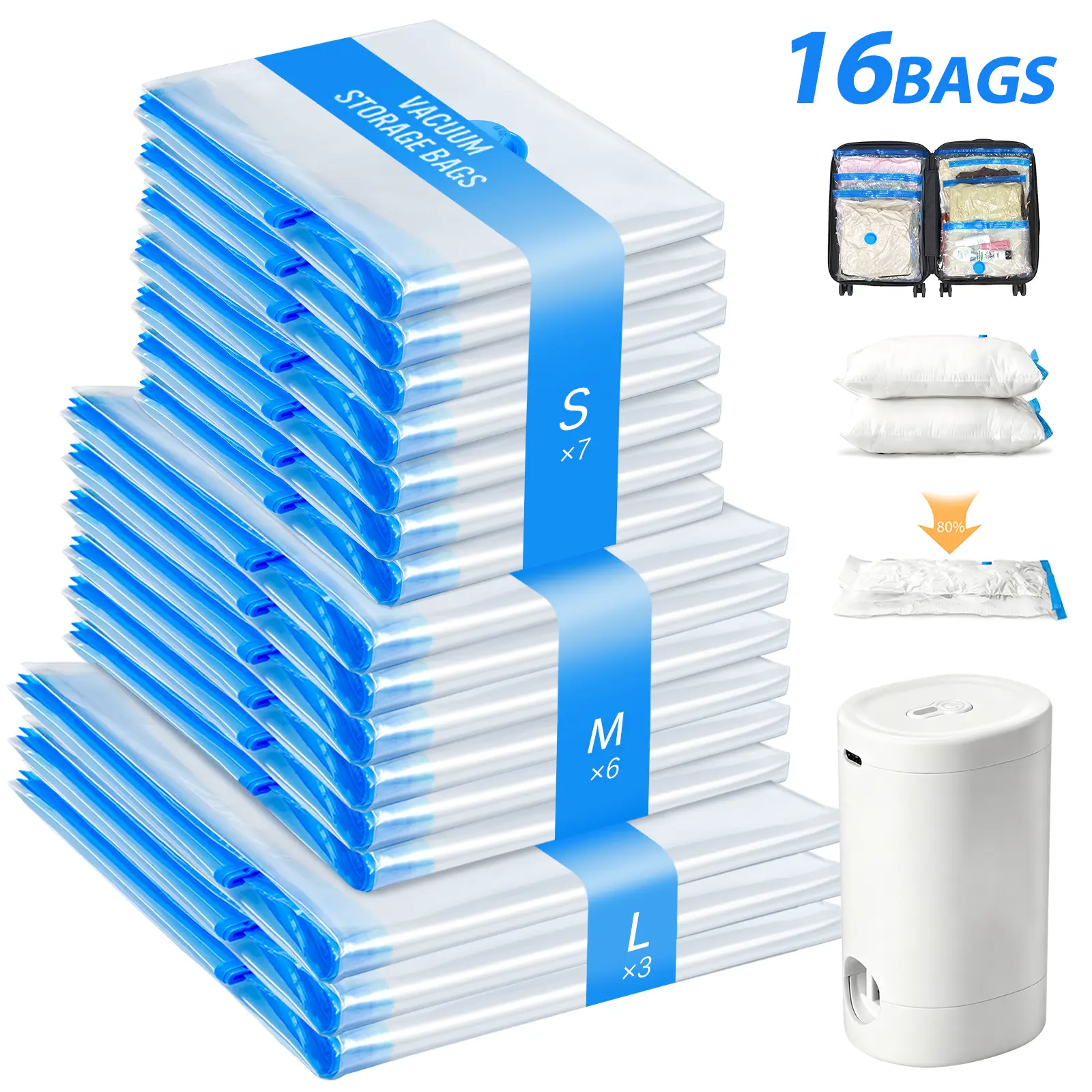 [2026 Upgraded] Vacuum Storage Bags with Electric Pump, 10/16 Packs Compression Packing Cubes & Organiser, Space-Saving Home Organizers for Luggage, Clothes, Bedding