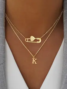 Initials Heart Pin Design Layered Necklace, Letters Necklace, Stainless Steel Jewelry for Party, Daily Clothing Decor, Trendy All-match & Exquisite Jewelry for Birthday Gift, Necklace Layering Clasp