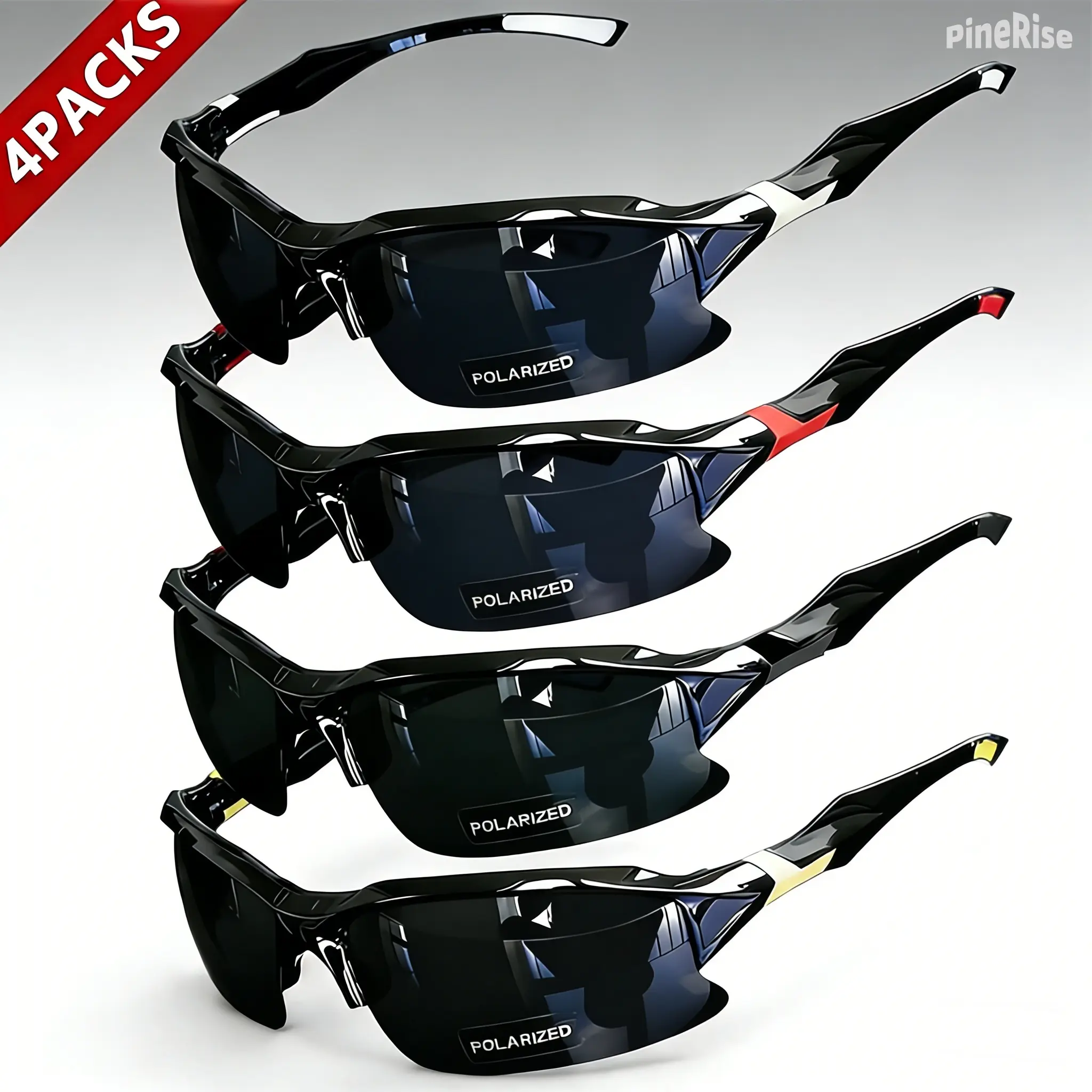 PineRise 4-Pack Polarized Rimless Men's Sunglasses - Anti-Glare, Windproof, Lightweight, Comfort-Fit Eyewear for Fishing, Hiking, Tennis
