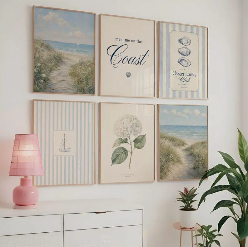Coastal Print Set of 6 Pastel Blue Beach Wall Art, Coastal Granddaughter Aesthetic, East Coast Vintage Coastal Cottage Core College Dorm Art