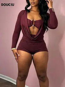 DOUCIU Women's Solid Color Simple  All-match Cool Metal Decor Cut Out Romper Casual Street Fashion Long Sleeve Romper for Nightclub Music Festival Ladies Summer Clothes Womenswear