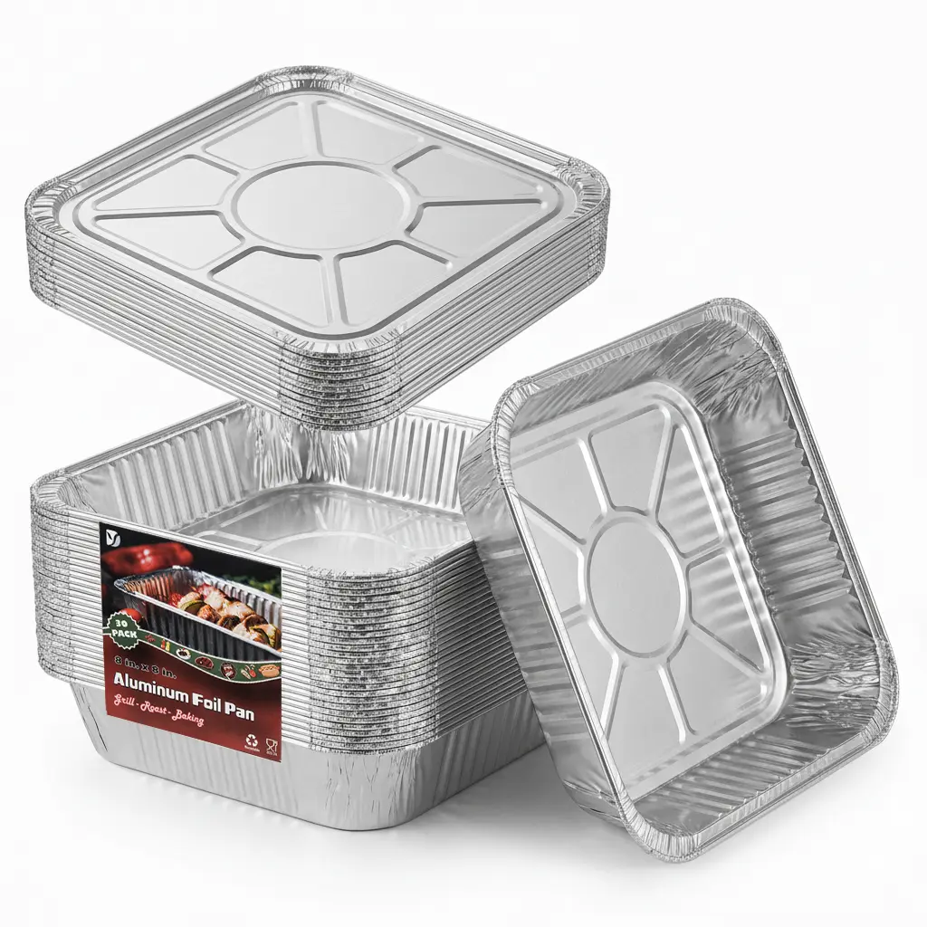 8x8 Thick Heavy Duty Aluminum Pans with Lids (30 Pack)-Disposable Foil Food Containers for Baking,Cooking,Heating,Freezing and Holiday Party Food Storage