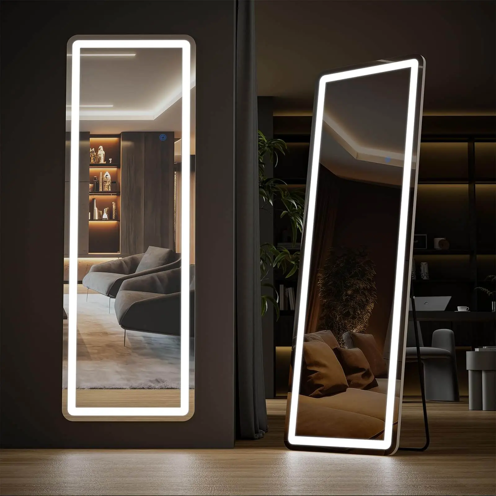 Full Length Mirror with LED Lights, 64"x21" Lighted Floor Standing Mirror with Stand,Oversized Standing Mirror, Hanging or Leaning Against Wall Mounted Mirror, Large Full Body Mirror with Aluminum Frame for Bedroom (Black)