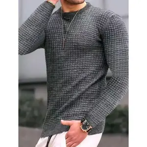 Men's Fall Winter Trendy Fashion Crew Neck Waffle Long Sleeve T-Shirt Sweatshirt, Simple Solid Color Casual Versatile Daily Wear