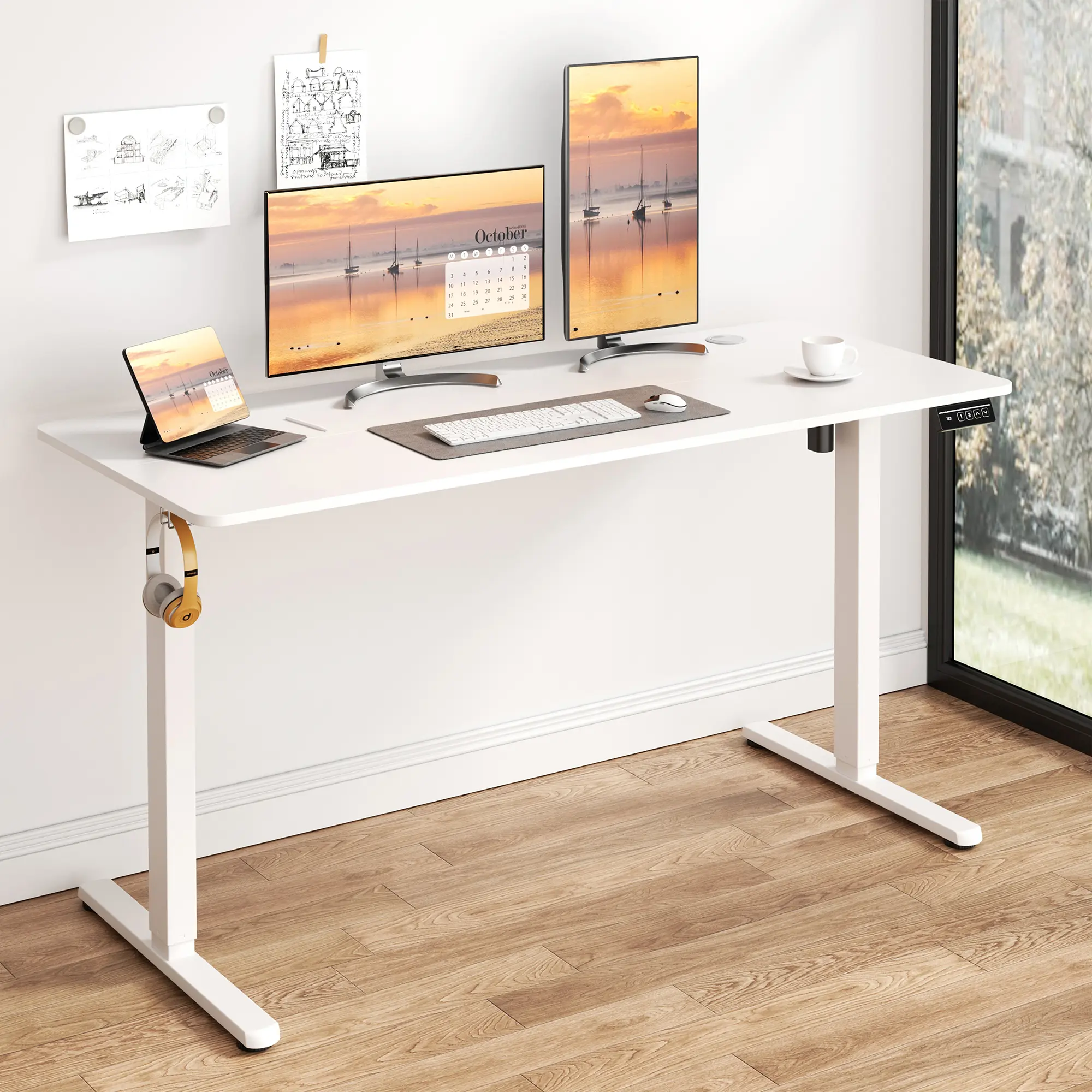 Walsunny Height Adjustable Electric Standing Desk, Sit Stand Home Office Desk Computer Desk, Teacher Student Desk with Splice Board, Blcak, White, Walnut