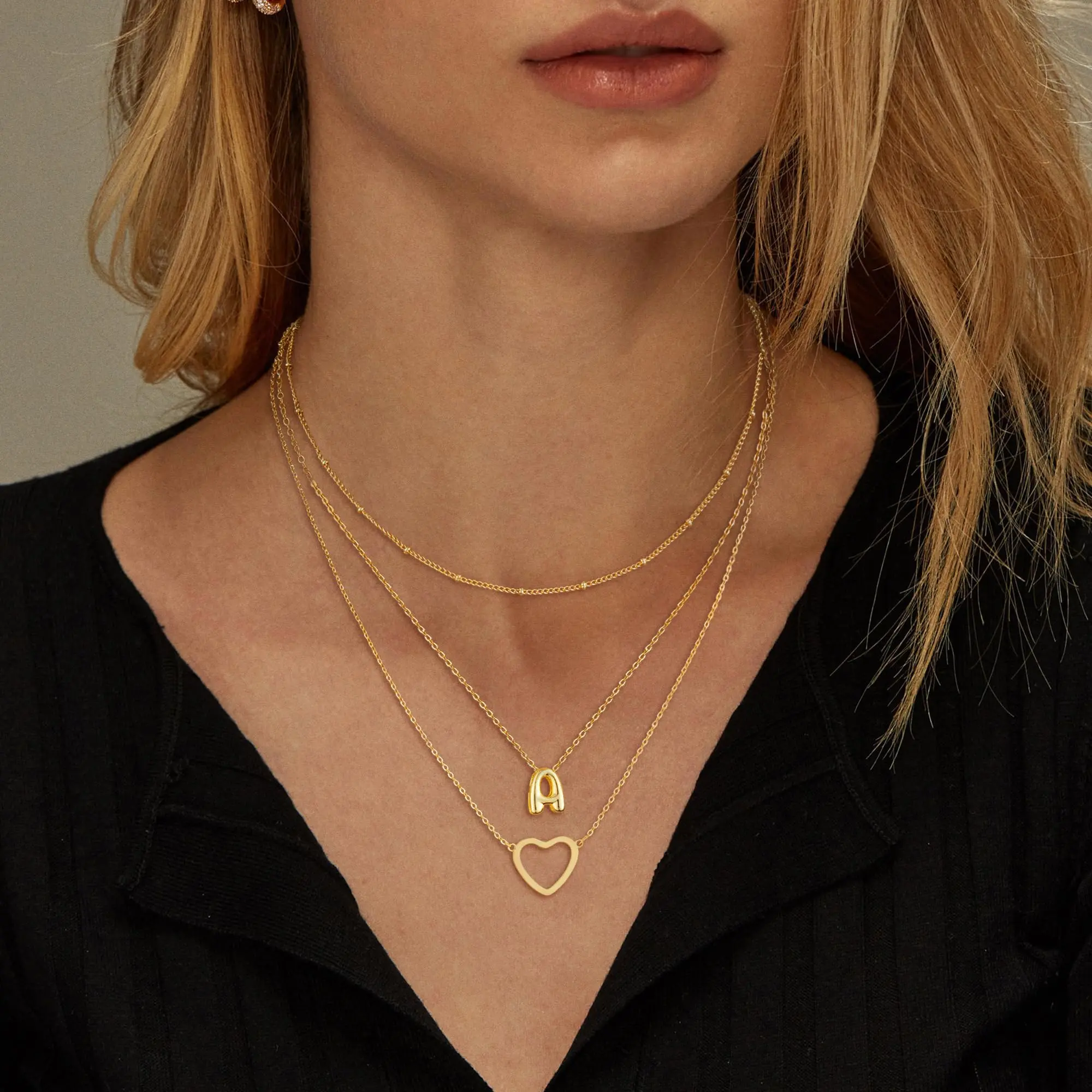KYERLYN Women’s Triple Stackable Heart Letter Initial Necklace, 18K Gold Hypoallergenic Waterproof Anti-Fade Layered Pendant Jewelry, Perfect Birthday Valentine Gift for Her, Letters Necklace, Customizable Initial Gold Jewelry