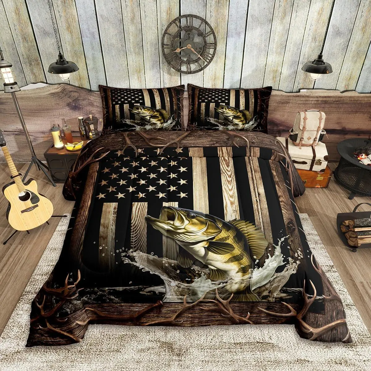 Vintage American Flag Bedding Set,3D Bass Fish Comforter Set,Hunting Fishing Quilt Set Room Decor,Rustic Farmhouse Wooden Striped Duvet Insert,Black Brown