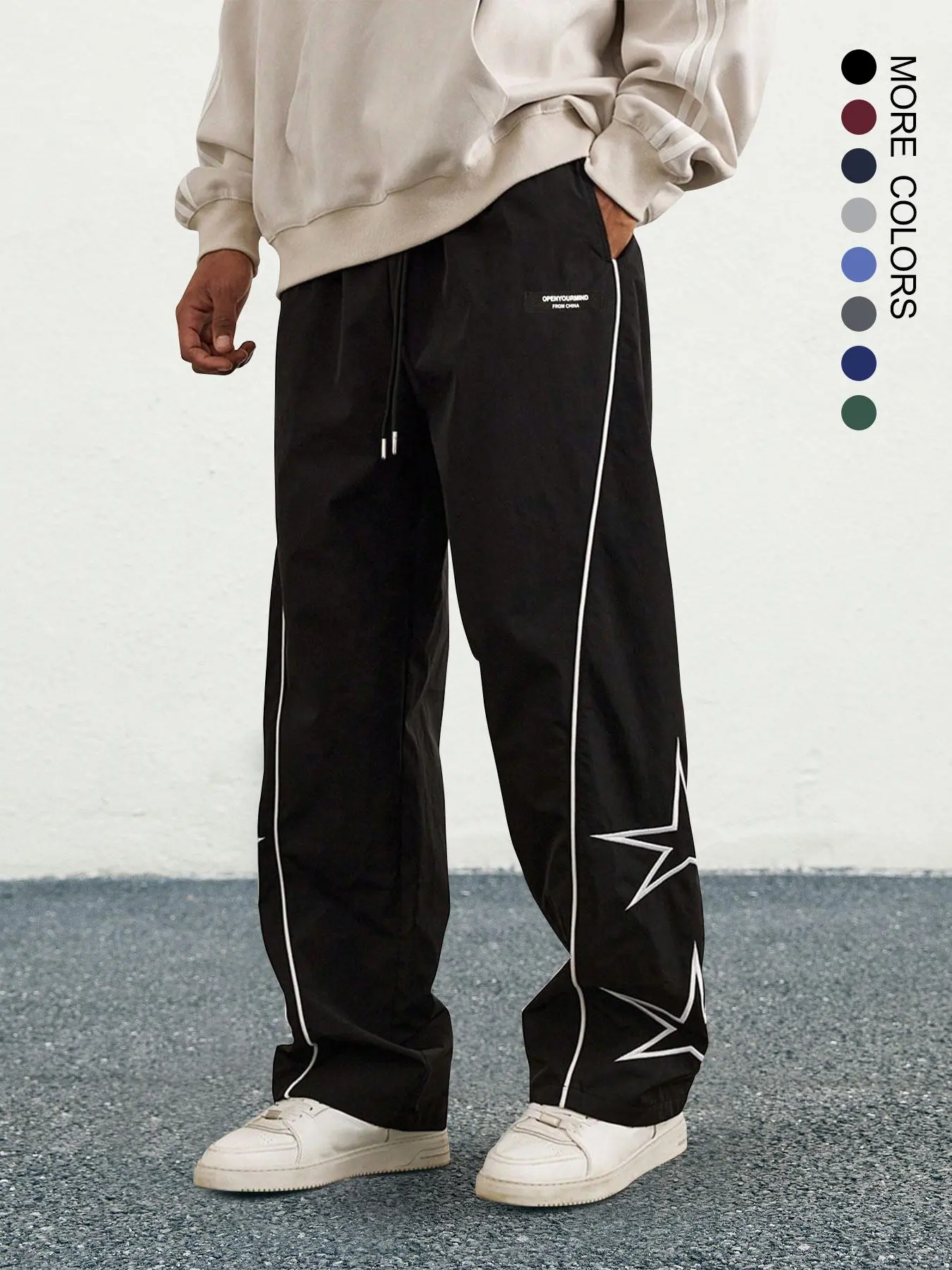 Men's Loose Star Pattern Contrast Binding Drawstring Waist Straight Leg Pants, Street Style Casual Pocket Elastic Waist Trousers for Daily Wear, Fashion Men's Bottoms for All Seasons, Activewear